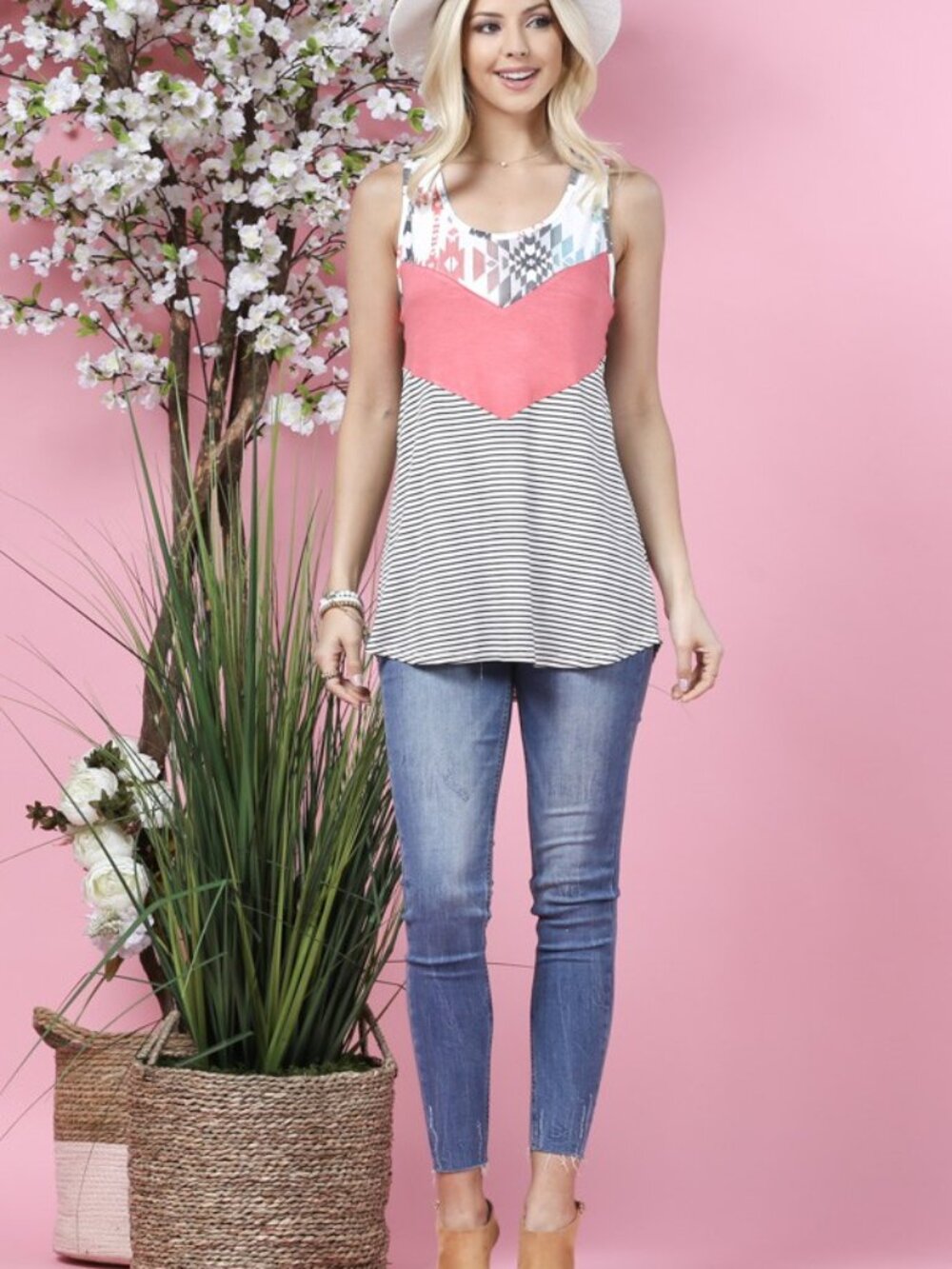 Striped-aztec Print Color Block Racerback Top - Picture 5 of 5